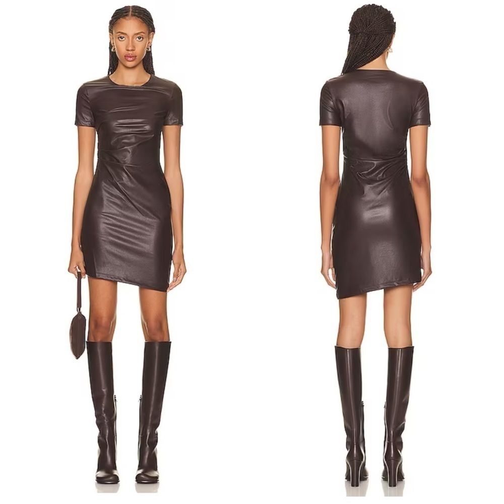 Nwt Helmut Lang Faux Leather Twist Draped Brown Wine Short Sleeve Dress Medium